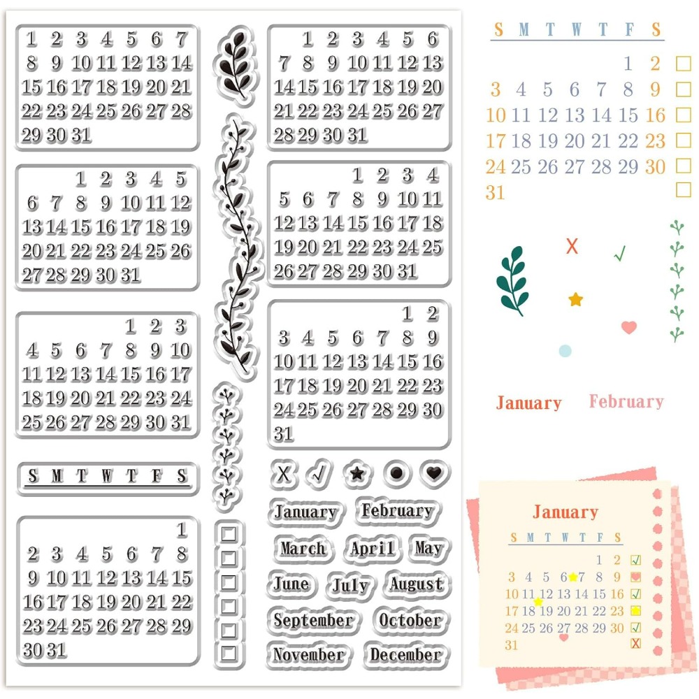 Rubber Date Stamp - Calendário claro selos folhas reutilizáveis planejador